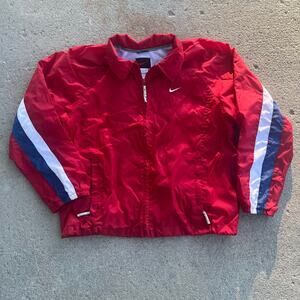 Vintage 90s Nike Spell Out Red Windbreaker White Navy Stripe Zip Up 8 10 M